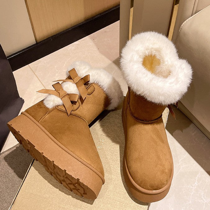 Bootara Women's Bow-Knit Cozy Winter Boots - Shearling Lined Chunky Platform Snow Boots (US 5-9.5)