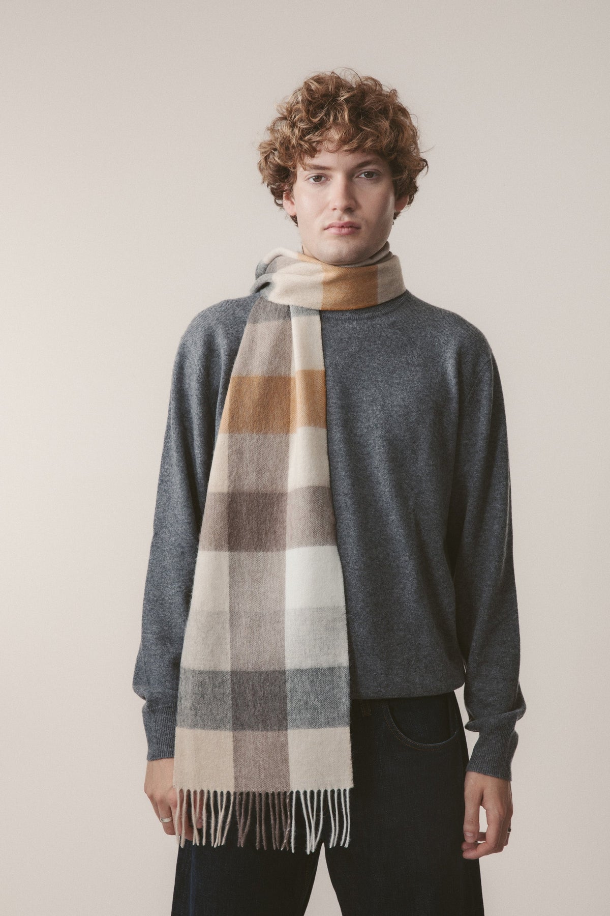 3 Square Check Lambswool Scarf - Gold