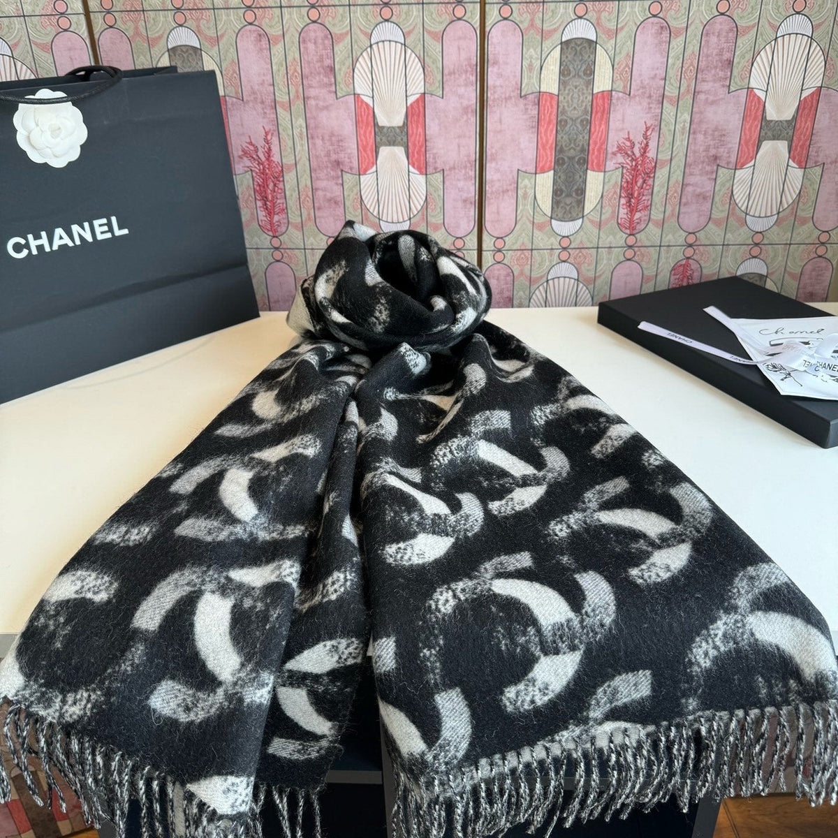 Chanel Black & White Fringed Scarf