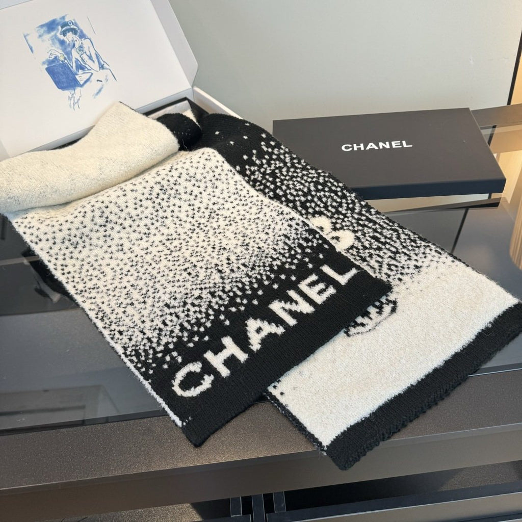 Chanel Black & Cream Logo Knit Scarf