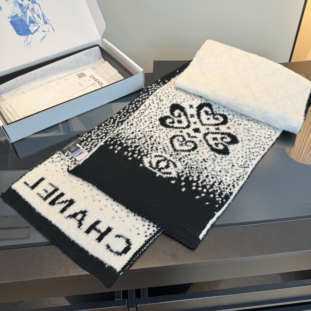 Chanel Black & Cream Logo Knit Scarf